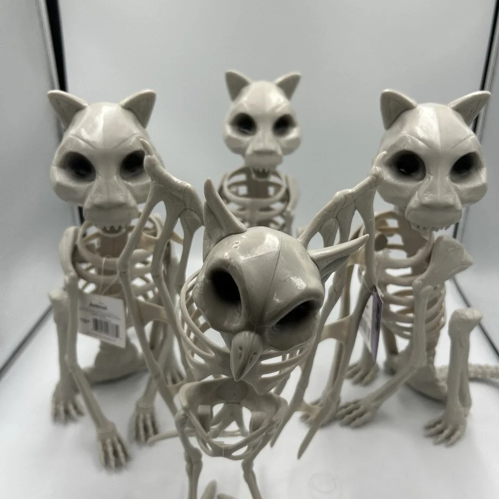 Set Of 4 Spooky Gothic Halloween Cat Owl Skeleton Decoration Creepy Plastic NWT